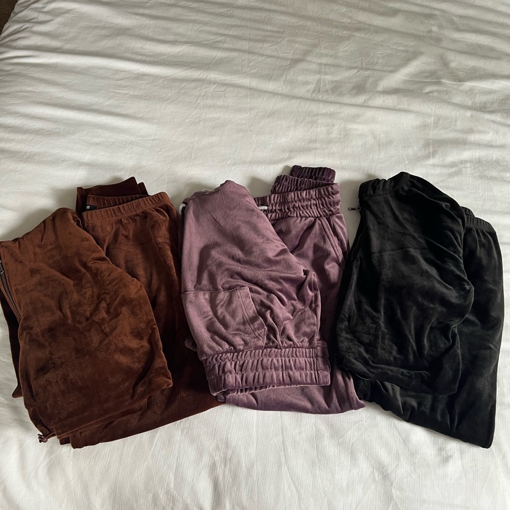 Set of Three Velour Joggers in Brown, Purple, and Black